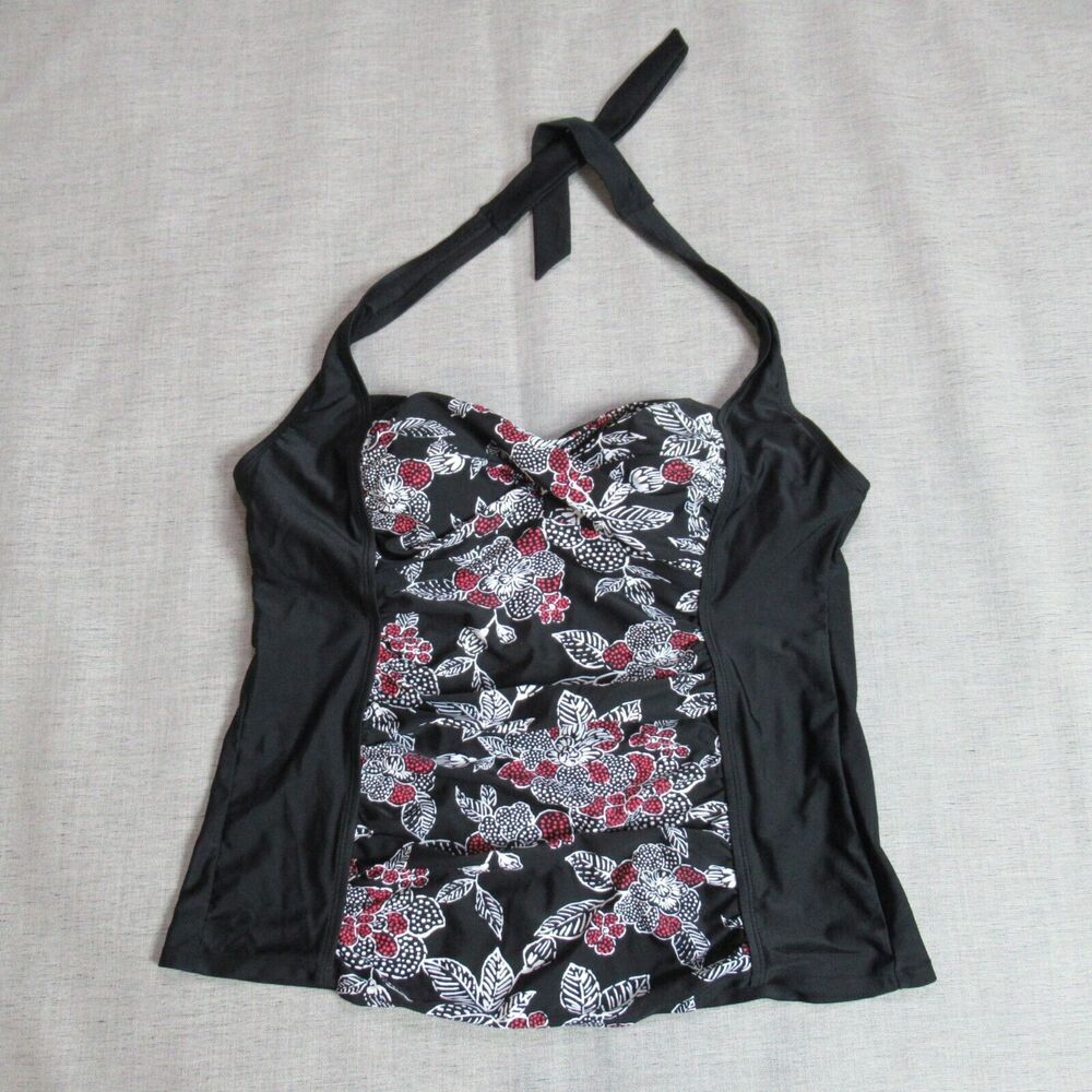 Coco Beach Tankini Swimsuit Top Womens Sz XL Black Floral Halter Pool Vacation